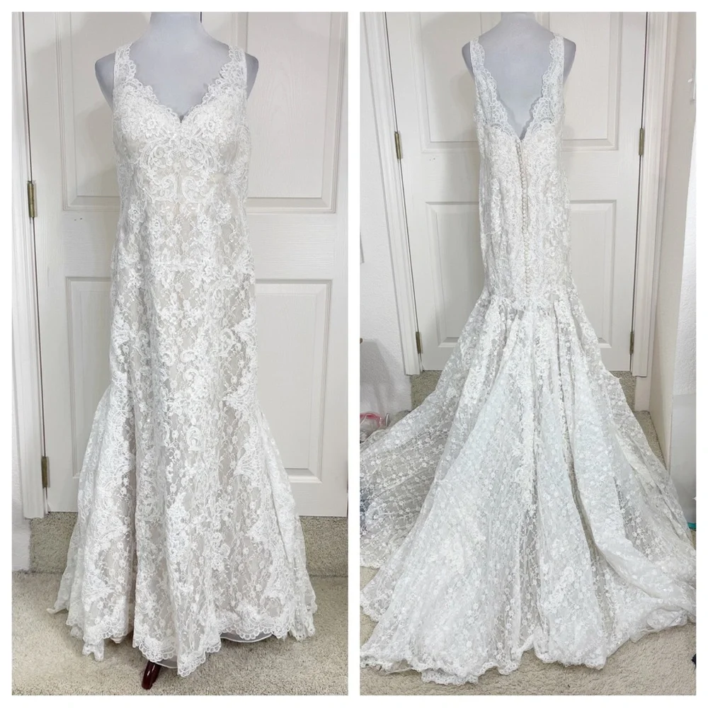 oleg cassini lace trumpet wedding dress - Picture 4 of 16